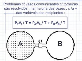 Problemas c/ vasos comunicantes c/ torneiras
são resolvidos , na maioria das vezes , c /a +
das variáveis dos recipientes :
A B
 