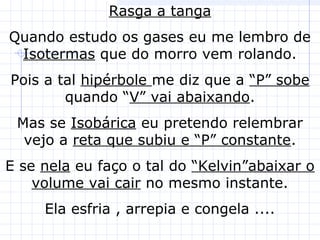 Rasga a tanga
Quando estudo os gases eu me lembro de
Isotermas que do morro vem rolando.
Pois a tal hipérbole me diz que a “P” sobe
quando “V” vai abaixando.
Mas se Isobárica eu pretendo relembrar
vejo a reta que subiu e “P” constante.
E se nela eu faço o tal do “Kelvin”abaixar o
volume vai cair no mesmo instante.
Ela esfria , arrepia e congela ....
 