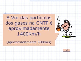A Vm das partículas
dos gases na CNTP é
aproximadamente
1400Km/h
(aproximadamente 500m/s)
 