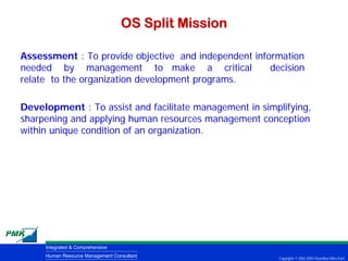 OS Split Mission

Assessment : To provide objective and independent information
needed by management to make a critical               decision
relate to the organization development programs.

Development : To assist and facilitate management in simplifying,
sharpening and applying human resources management conception
within unique condition of an organization.




     Integrated & Comprehensive
     Human Resource Management Consultant                Copyrights © 2002-2005 Parardhya Mitra Karti
 
