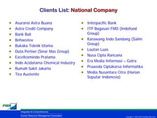 Clients List: National Company

Asuransi Astra Buana                     Interpacific Bank
Astra Credit Company                     ITP Bogasari FMD (Indofood
Bank Bali                                Group)
Behaestex                                Karawang Indo Sandang (Salim
Bukaka Teknik Utama                      Group)
Duta Pertiwi (Sinar Mas Group)           Lautan Luas
Excellcomindo Pratama                    Nusa Cipta Rancana
Indo Acidatama Chemical Industry         Era Media Informasi – Gatra
Rumah Sakit Jakarta                      Praweda Ciptakarsa Informatika
Tira Austenite                           Media Nusantara Citra (Harian
                                         Seputar Indonesia)




  Integrated & Comprehensive
  Human Resource Management Consultant                       Copyrights © 2002-2005 Parardhya Mitra Karti
 