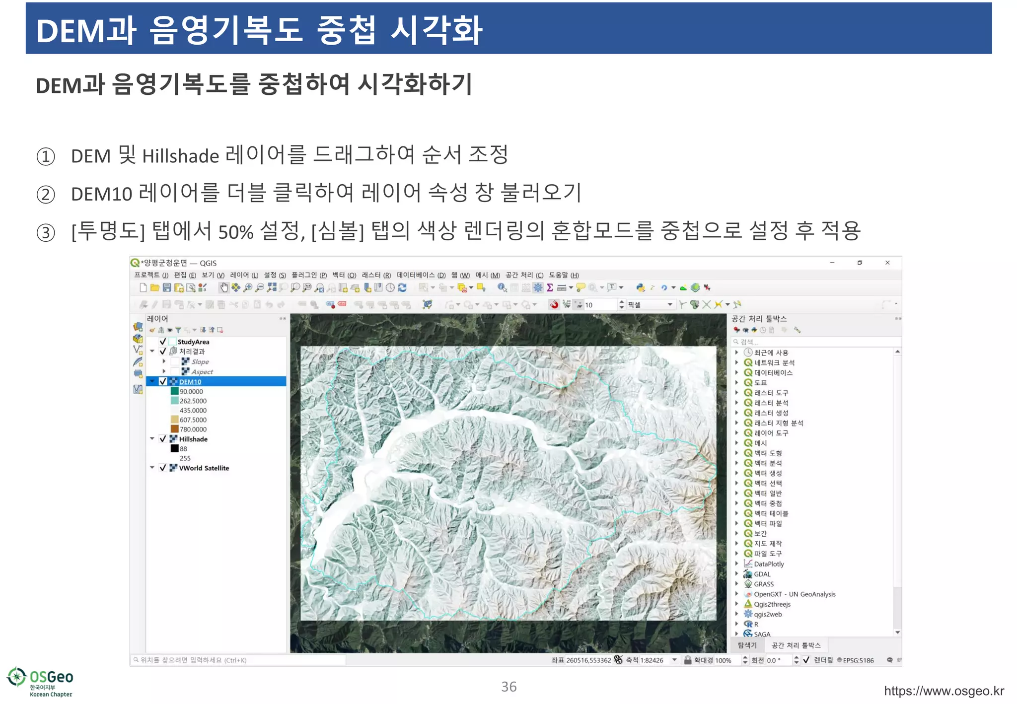 https://www.osgeo.kr
DEM과 음영기복도 중첩 시각화
① DEM 및 Hillshade 레이어를 드래그하여 순서 조정
② DEM10 레이어를 더블 클릭하여 레이어 속성 창 불러오기
③ [투명도] 탭에서 50% 설정, [심볼] 탭의 색상 렌더링의 혼합모드를 중첩으로 설정 후 적용
DEM과 음영기복도를 중첩하여 시각화하기
36
 