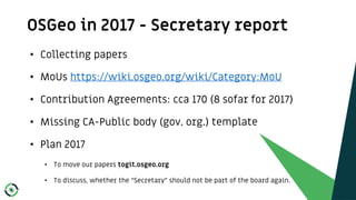 • Collecting papers
• MoUs https://wiki.osgeo.org/wiki/Category:MoU
• Contribution Agreements: cca 170 (8 sofar for 2017)
...