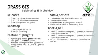 GRASS GIS
30
Releases
• 7.4.0, 7.4.1 (new stable version)
• 7.2.2, 7.2.3 (old stable version)
• 7.0.6 (4th year of support...
