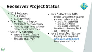 GeoServer Project Status
• 2018 Releases
• 2.14 Spring
• 2.15 September
• Team health / happy
• PSC Change due to activity...