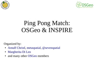 Ping Pong Match:
OSGeo & INSPIRE
Organized by:
● Arnulf Christl, metaspatial, @sevenspatial
● Margherita Di Leo
● and many other OSGeo members
 