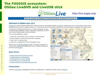 ©2017MarkusNeteler,CC-BY-SA
The FOSSGIS ecosystem:
OSGeo LiveDVD and LiveUSB stick
http://live.osgeo.org/
 