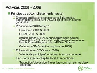 Activités 2008 - 2009
           Principaux accomplissements (suite)
               Diverses publications (article dans B...