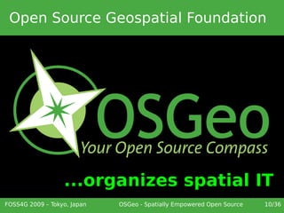Open Source Geospatial Foundation




                  ...organizes spatial IT
FOSS4G 2009 – Tokyo, Japan   OSGeo - Spatially Empowered Open Source   10/36
 