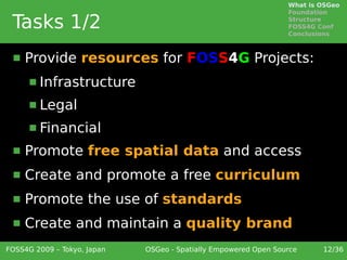 What is OSGeo
                                                                 Foundation

 Tasks 1/2                                                       Structure
                                                                 FOSS4G Conf
                                                                 Conclusions



     Provide resources for FOSS4G Projects:
         Infrastructure
         Legal
         Financial
     Promote free spatial data and access
     Create and promote a free curriculum
     Promote the use of standards
     Create and maintain a quality brand
FOSS4G 2009 – Tokyo, Japan   OSGeo - Spatially Empowered Open Source     12/36
 