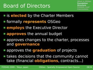 What is OSGeo
                                                                 Foundation

 Board of Directors                                              Structure
                                                                 FOSS4G Conf
                                                                 Conclusions



     is elected by the Charter Members
     formally represents OSGeo
     employs the Executive Director
     approves the annual budget
     approves changes to the charter, processes
      and governance
     approves the graduation of projects
     takes decisions that the community cannot
      take (financial obligations, contracts...)
FOSS4G 2009 – Tokyo, Japan   OSGeo - Spatially Empowered Open Source     28/36
 