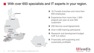 With over 650 specialists and IT experts in your region.
Online Statistics Gathering for ETL3 20.11.2018
16 Trivadis branches and more than
650 employees
Experience from more than 1,900
projects per year at over 800
customers
250 Service Level Agreements
Over 4,000 training participants
Research and development budget:
CHF 5.0 million
Financially self-supporting and
sustainably profitable
 