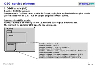 © Peter R. Egli 2015
6/23
Rev. 1.90
OSGi service platform indigoo.com
4. OSGi base architecture and layers
OSGi is based on a layered architecture that usually runs on a JVM.
OSGi may also be run on other runtime environments such as .Net (e.g. OSGi.NET), but to date
OSGi is mostly used in the Java domain.
Bundles:
This layer contains the bundles developed by users.
Security:
The security «layer» is «cross-cutting» and applies its security
functions to all OSGi layers.
Service (registry):
The service layer connects bundles in a dynamic way and lets
bundles publish, subscribe and bind to services.
Life Cycle:
The life cycle layer controls the entire life cycle of bundles (install,
start, update, stop, deinstall).
Module:
The module layer lets bundles export and import code.
Execution environment:
This layer defines which methods and classes are available in a
specific OSGi runtime environment. Possible environments are
CDC-1.0 (Connected Device Configuration) or JRE-1.1.
JVM (runtime environment):
The JVM is the natural run-time environment for OSGi.
N.B.: .Net could be used as well, but OSGi chose
Java as the primary platform.
Hardware
Operating system
JVM (runtime environment)
Execution environment
Module
Life Cycle
Service (registry)
Security
Application / bundles
Blue parts: OSGi framework
 