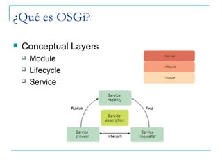 ¿Qué es OSGi?

   Conceptual Layers
       Module
       Lifecycle
       Service
 