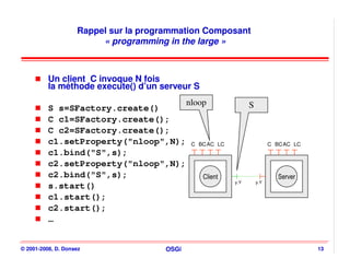 Rappel sur la programmation Composant
                         « programming in the large »



          Un client C invoque N fois
          la méthode execute() d’un serveur S
                                             nloop               S
          S s=SFactory.create()
          C c1=SFactory.create();
          C c2=SFactory.create();
          c1.setProperty("nloop",N);          C BC AC LC                   C BC AC LC
          c1.bind("S",s);
          c2.setProperty("nloop",N);
          c2.bind("S",s);                        Client                       Server
                                                           y.Y       y.Y
          s.start()
          c1.start();
          c2.start();
          …


© 2001-2008, D. Donsez                OSGi                                              13
 