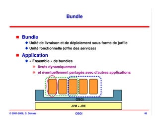 Bundle



          Bundle
                Unité de livraison et de déploiement sous forme de jarfile
                Unité fonctionnelle (offre des services)

          Application
                « Ensemble » de bundles
                         livrés dynamiquement
                         et éventuellement partagés avec d’autres applications




                                              OSGi

                                            JVM + JRE

© 2001-2008, D. Donsez                        OSGi                               40
 