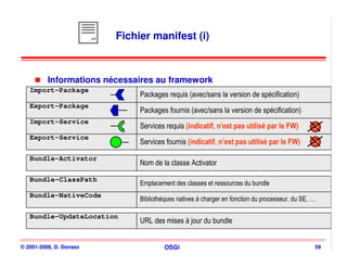 .mf   Fichier manifest (i)



          Informations nécessaires au framework
   Import-Package
                                    Packages requis (avec/sans la version de spécification)
   Export-Package
                                    Packages fournis (avec/sans la version de spécification)
   Import-Service
                                    Services requis (indicatif, n’est pas utilisé par le FW)          r3
   Export-Service
                                    Services fournis (indicatif, n’est pas utilisé par le FW)         r3

   Bundle-Activator
                                    Nom de la classe Activator

   Bundle-ClassPath
                                    Emplacement des classes et ressources du bundle
   Bundle-NativeCode
                                    Bibliothéques natives à charger en fonction du processeur, du SE, …

   Bundle-UpdateLocation
                                    URL des mises à jour du bundle


© 2001-2008, D. Donsez                       OSGi                                                     59
 