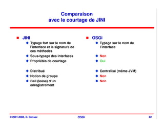 Comparaison
                             avec le courtage de JINI


          JINI                                           OSGi
                 Typage fort sur le nom de                 Typage sur le nom de
                 l’interface et la signature de            l’interface
                 ces méthodes
                 Sous-typage des interfaces                Non
                 Propriétés de courtage                    Oui


                 Distribué                                 Centralisé (même JVM)
                 Notion de groupe                          Non
                 Bail (lease) d’un                         Non
                 enregistrement




© 2001-2008, D. Donsez                            OSGi                             82
 