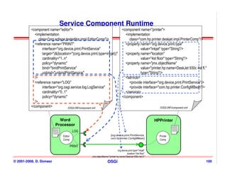 Service Component Runtime
          <component name="editor">                                                 <component name="printer">
             <implementation                                                           <implementation
                class="org.eclispe.texteditor.impl.EditorComp"/>                          class="com.hp.printer.deskjet.impl.PrinterComp"/>
             <reference name="PRINT"                                                   <property name="org.device.print.type"
                   interface="org.device.print.PrintService"                                     value="inkjet" type="String"/>
                   target="(&(location=*)(org.device.print.type=inkjet))"              <property name="location"
                   cardinality="1..n"                                                            value="4st floor" type="String"/>
                   policy="dynamic"                                                    <property name="jmx.objectName"
                   bind="bindPrintService"                                                       value="printer.hp:name=DeskJet 930c 4st fl."
                   unbind="unbindPrintService"                                                   type="String"/>
             />                                                                        <service>
             <reference name="LOG"                                                        <provide interface="org.device.print.PrintService"/>
                   interface="org.osgi.service.log.LogService"                            <provide interface="com.hp.printer.ConfigMBean"/>
                   cardinality="0..1"                                                  </service>
                   policy="dynamic"                                                 </component>
             />
          </component>                /OSGI-INF/component.xml                                                     /OSGI-INF/component.xml



                                Word
                                Word                                                                            HPPrinter
                                                                                                                HPPrinter
                              Processor
                              Processor
                                               LOG                                                                          cmp.xml


                          cmp.xml

                                     Editor                             [org.device.print.PrintService,           Printer
                                                                        com.hp.printer.ConfigMBean]
                                     Comp                                                                         Comp

                                              PRINT
                                                                               org.device.print.type="inkjet"
                                                                                         location="4st floor"
                                                      jmx.objectName="printer.hp:name=DeskJet 930c 4st fl."
© 2001-2008, D. Donsez                                               OSGi                                                                    100
 