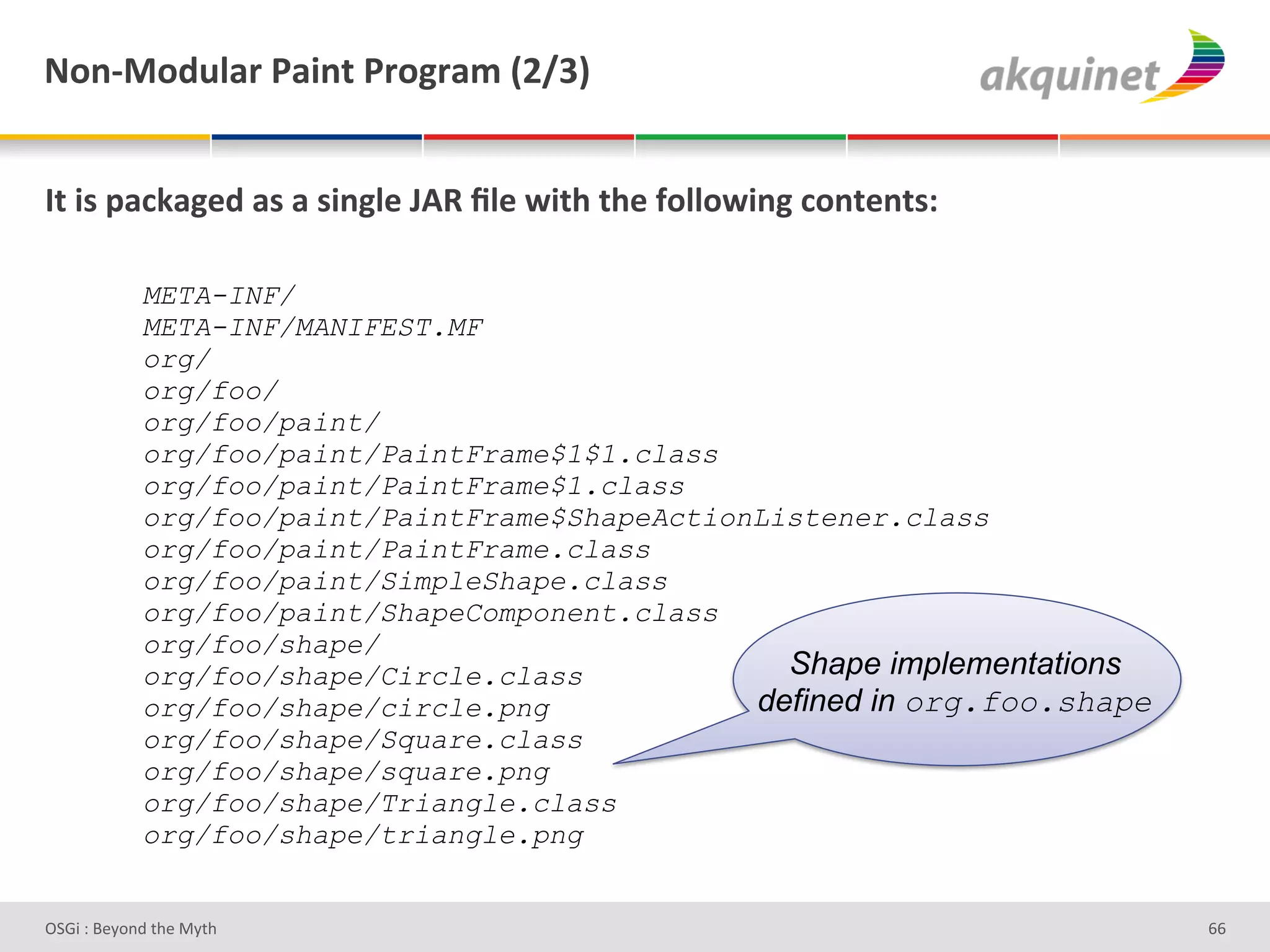 M+,c0+-492:&F2$,.&F:+A:25&`Iajb&


O.&$<&>2?72A)-&2<&2&<$,A9)&UDd&_9)&S$./&./)&@+99+S$,A&?+,.),.<'&

            META-INF/
            META-INF/MANIFEST.MF
            org/
            org/foo/
            org/foo/paint/
            org/foo/paint/PaintFrame$1$1.class
            org/foo/paint/PaintFrame$1.class
            org/foo/paint/PaintFrame$ShapeActionListener.class
            org/foo/paint/PaintFrame.class
            org/foo/paint/SimpleShape.class
            org/foo/paint/ShapeComponent.class
            org/foo/shape/
            org/foo/shape/Circle.class            Shape implementations
            org/foo/shape/circle.png            defined in org.foo.shape
            org/foo/shape/Square.class
            org/foo/shape/square.png
            org/foo/shape/Triangle.class
            org/foo/shape/triangle.png


D763'P'O#Q+%;'&9#':Q&9'                                                    ^^'
 