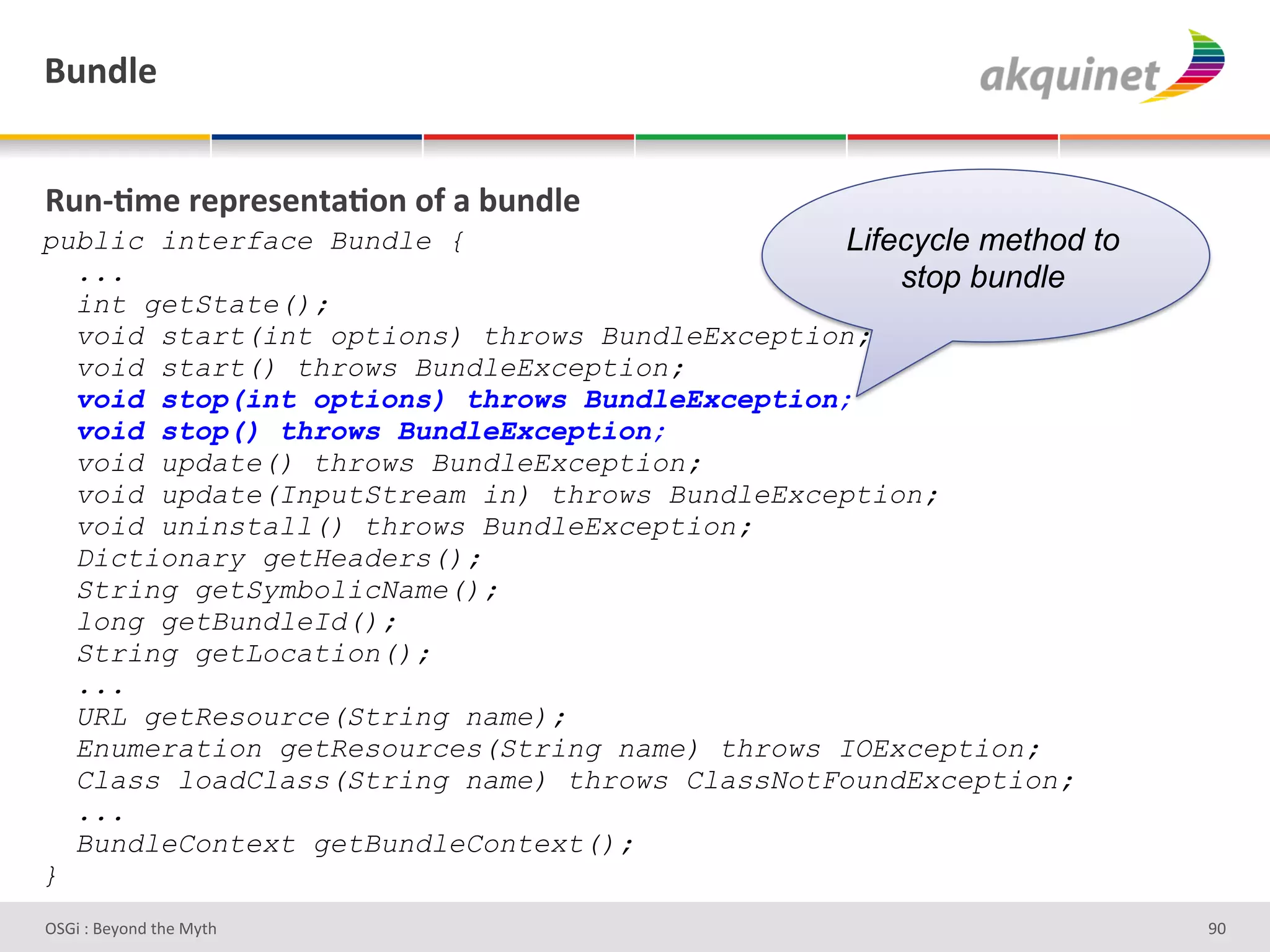 (4,-9)&


d4,c;5)&:)>:)<),.2;+,&+@&2&34,-9)&
public interface Bundle {                       Lifecycle method to
  ...                                               stop bundle
  int getState();
  void start(int options) throws BundleException;
  void start() throws BundleException;
  void stop(int options) throws BundleException;
  void stop() throws BundleException;
  void update() throws BundleException;
  void update(InputStream in) throws BundleException;
  void uninstall() throws BundleException;
  Dictionary getHeaders();
  String getSymbolicName();
  long getBundleId();
  String getLocation();
  ...
  URL getResource(String name);
  Enumeration getResources(String name) throws IOException;
  Class loadClass(String name) throws ClassNotFoundException;
  ...
  BundleContext getBundleContext();
}
D763'P'O#Q+%;'&9#':Q&9'                                               eh'
 