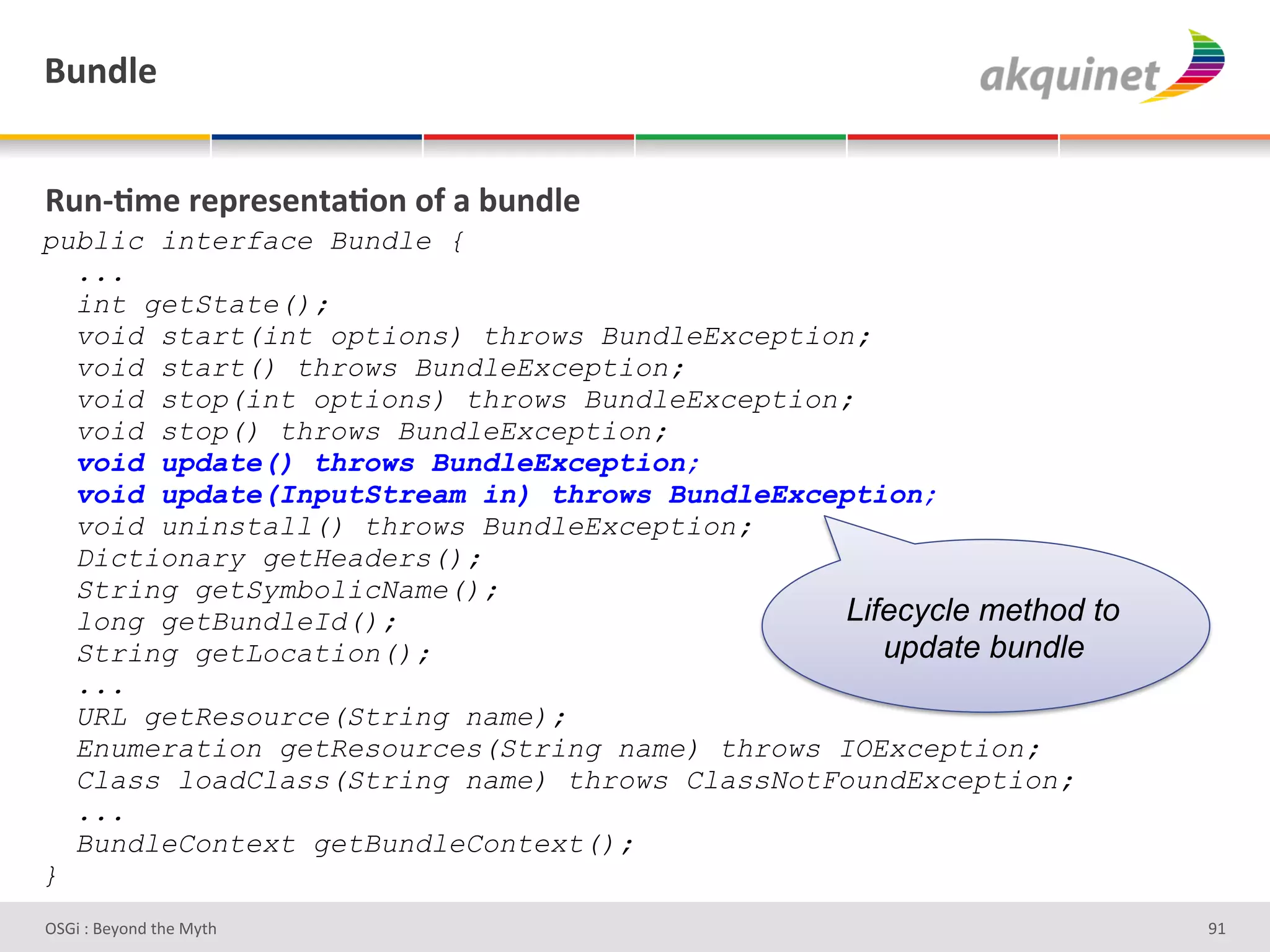 (4,-9)&


d4,c;5)&:)>:)<),.2;+,&+@&2&34,-9)&
public interface Bundle {
  ...
  int getState();
  void start(int options) throws BundleException;
  void start() throws BundleException;
  void stop(int options) throws BundleException;
  void stop() throws BundleException;
  void update() throws BundleException;
  void update(InputStream in) throws BundleException;
  void uninstall() throws BundleException;
  Dictionary getHeaders();
  String getSymbolicName();
  long getBundleId();                           Lifecycle method to
  String getLocation();                            update bundle
  ...
  URL getResource(String name);
  Enumeration getResources(String name) throws IOException;
  Class loadClass(String name) throws ClassNotFoundException;
  ...
  BundleContext getBundleContext();
}
D763'P'O#Q+%;'&9#':Q&9'                                               eg'
 