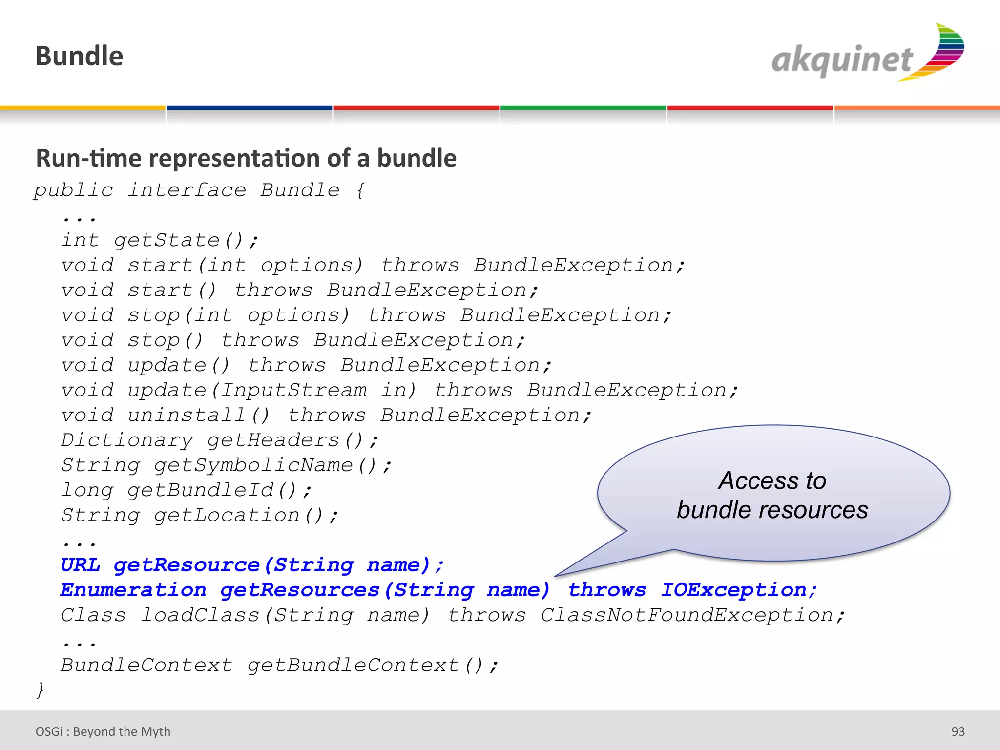 (4,-9)&


d4,c;5)&:)>:)<),.2;+,&+@&2&34,-9)&
public interface Bundle {
  ...
  int getState();
  void start(int options) throws BundleException;
  void start() throws BundleException;
  void stop(int options) throws BundleException;
  void stop() throws BundleException;
  void update() throws BundleException;
  void update(InputStream in) throws BundleException;
  void uninstall() throws BundleException;
  Dictionary getHeaders();
  String getSymbolicName();
  long getBundleId();                               Access to
  String getLocation();                          bundle resources
  ...
  URL getResource(String name);
  Enumeration getResources(String name) throws IOException;
  Class loadClass(String name) throws ClassNotFoundException;
  ...
  BundleContext getBundleContext();
}
D763'P'O#Q+%;'&9#':Q&9'                                             eR'
 