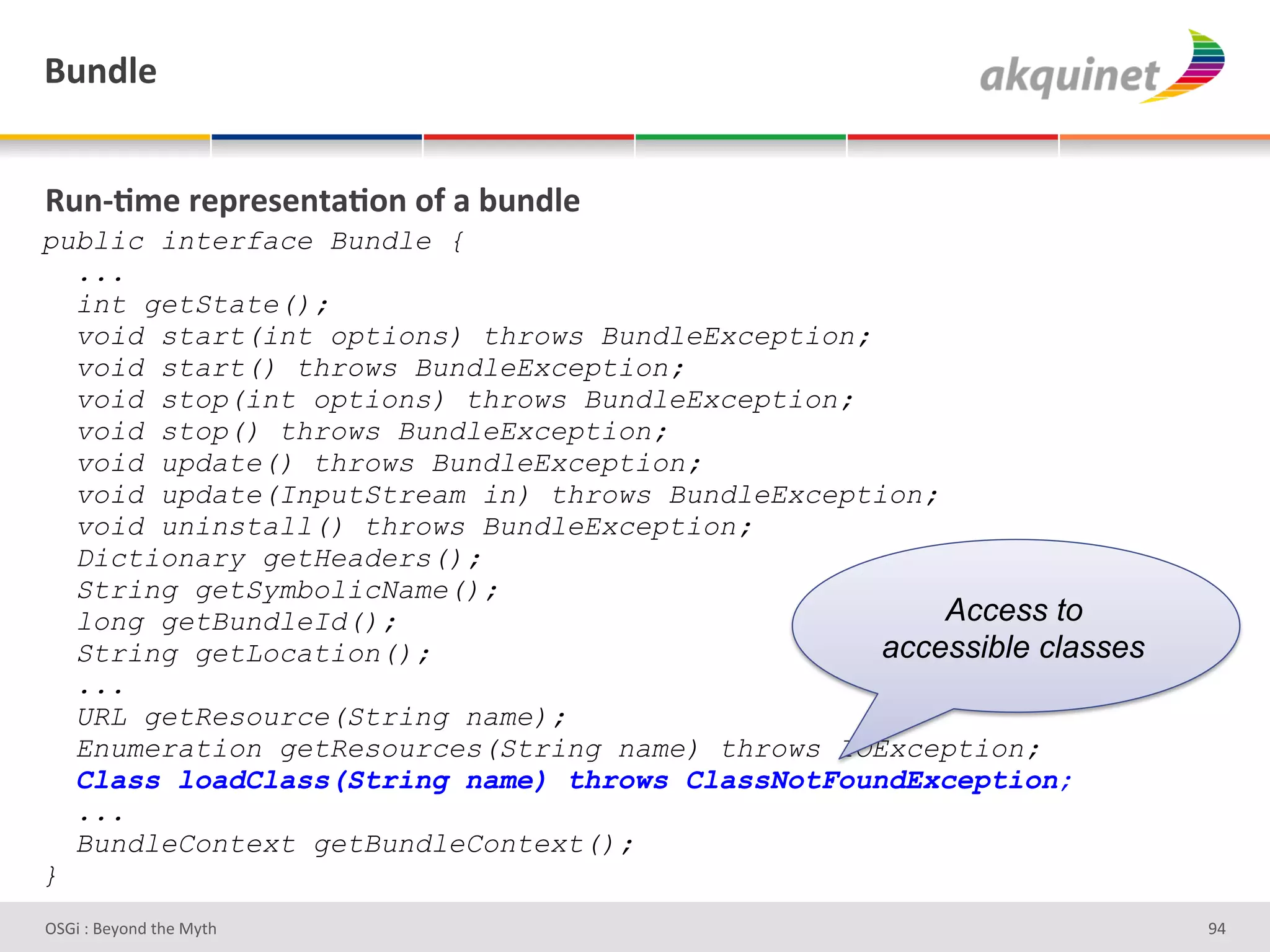 (4,-9)&


d4,c;5)&:)>:)<),.2;+,&+@&2&34,-9)&
public interface Bundle {
  ...
  int getState();
  void start(int options) throws BundleException;
  void start() throws BundleException;
  void stop(int options) throws BundleException;
  void stop() throws BundleException;
  void update() throws BundleException;
  void update(InputStream in) throws BundleException;
  void uninstall() throws BundleException;
  Dictionary getHeaders();
  String getSymbolicName();
  long getBundleId();                                 Access to
  String getLocation();                           accessible classes
  ...
  URL getResource(String name);
  Enumeration getResources(String name) throws IOException;
  Class loadClass(String name) throws ClassNotFoundException;
  ...
  BundleContext getBundleContext();
}
D763'P'O#Q+%;'&9#':Q&9'                                                eZ'
 