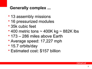 Generally complex ...
• 13 assembly missions
• 16 pressurized modules
• 35k cubic feet
• 400 metric tons ~ 400K kg ~ 882K lbs
• 173 – 286 miles above Earth
• Average speed: 17,227 mph
• 15.7 orbits/day
• Estimated cost: $157 billion


                                         7
 