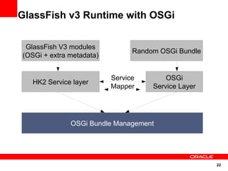 GlassFish v3 Runtime with OSGi


 GlassFish V3 modules
                                Random OSGi Bundle
(OSGi + extra metadata)


                          Service        OSGi
   HK2 Service layer
                          Mapper     Service Layer




              OSGi Bundle Management




                                                     22
 
