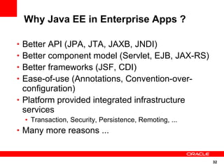 Why Java EE in Enterprise Apps ?

• Better API (JPA, JTA, JAXB, JNDI)
• Better component model (Servlet, EJB, JAX-RS)
• Better frameworks (JSF, CDI)
• Ease-of-use (Annotations, Convention-over-
  configuration)
• Platform provided integrated infrastructure
  services
  • Transaction, Security, Persistence, Remoting, ...
• Many more reasons ...



                                                        32
 