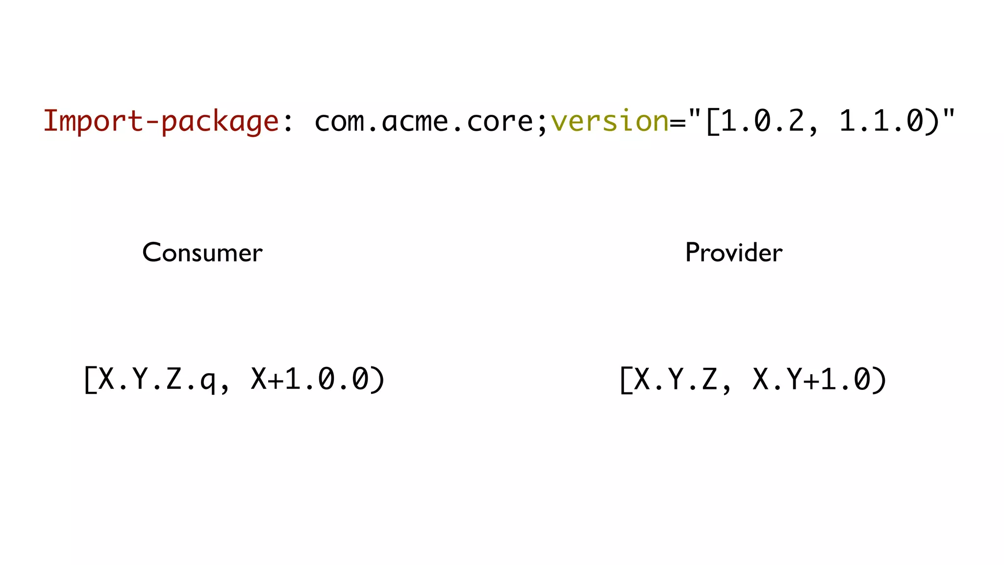 Import-package: com.acme.core;version="[1.0.2, 1.1.0)"
Consumer Provider
[X.Y.Z.q, X+1.0.0) [X.Y.Z, X.Y+1.0)
 