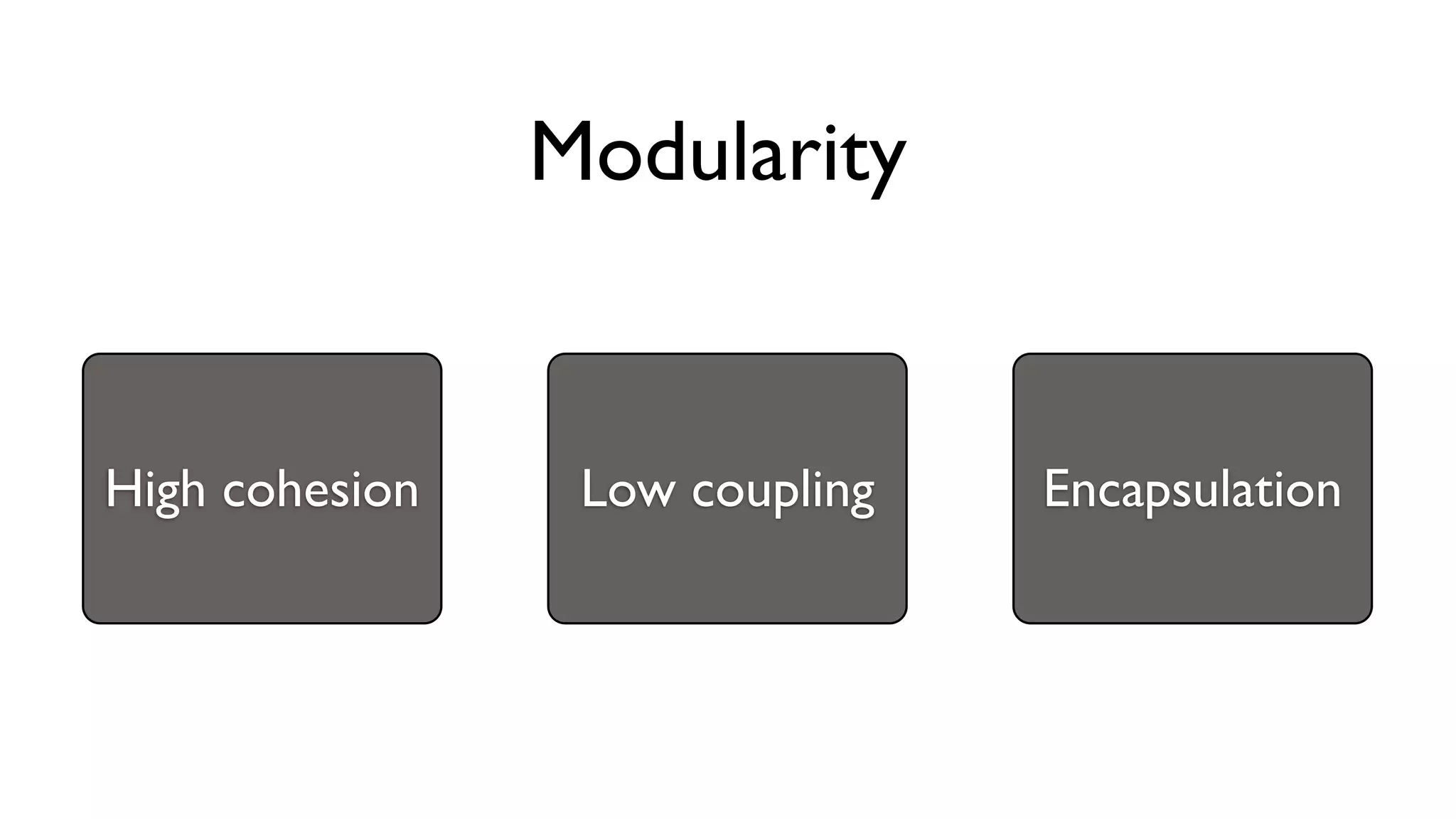 High cohesion Low coupling Encapsulation
Modularity
 