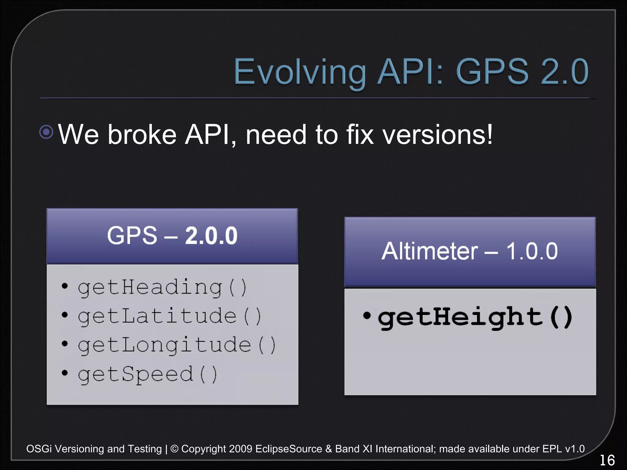 OSGi Versioning and Testing | © Copyright 2009 EclipseSource & Band XI International; made available under EPL v1.0 We broke API, need to fix versions! 