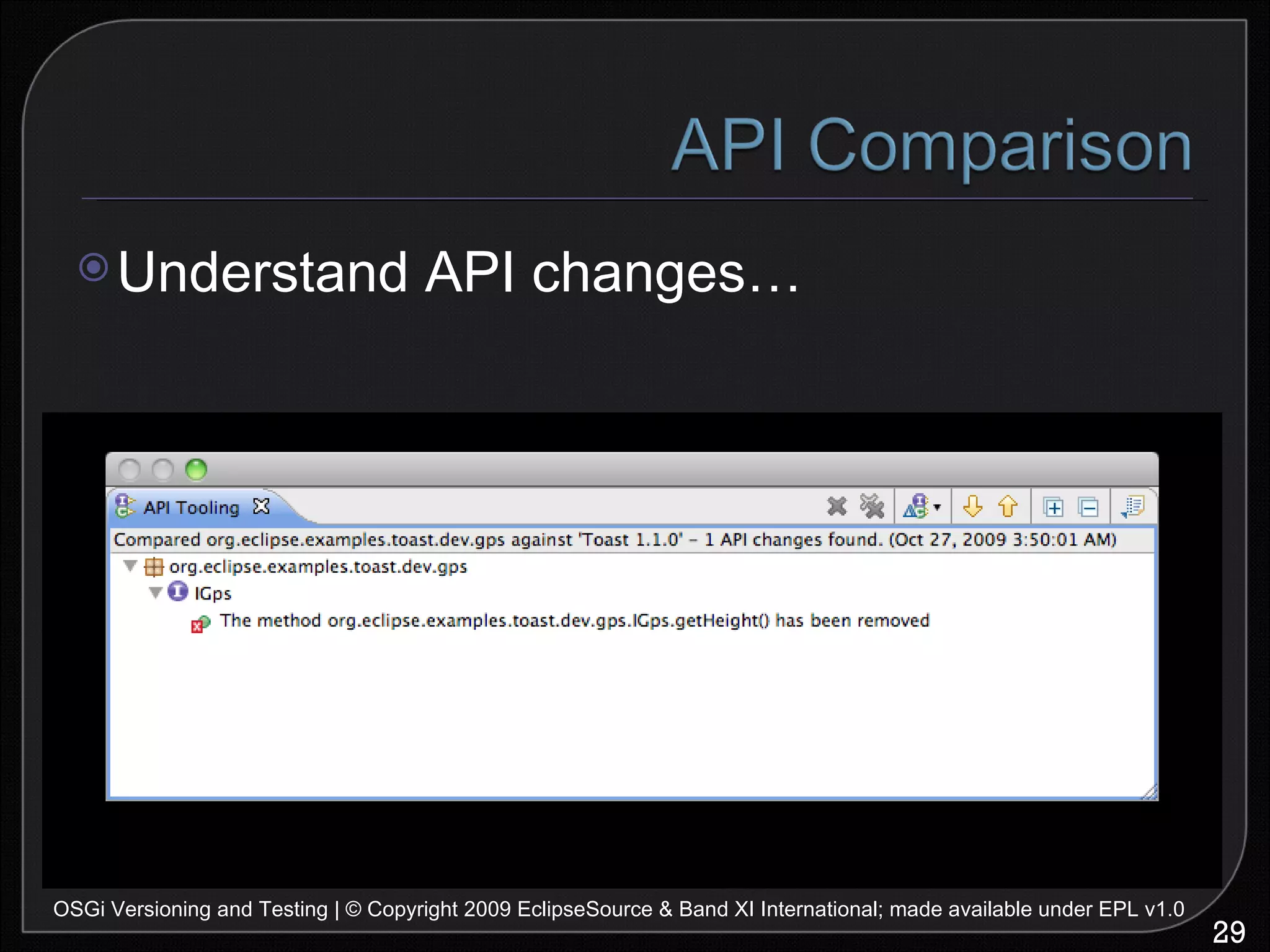 OSGi Versioning and Testing | © Copyright 2009 EclipseSource & Band XI International; made available under EPL v1.0 Understand API changes… 