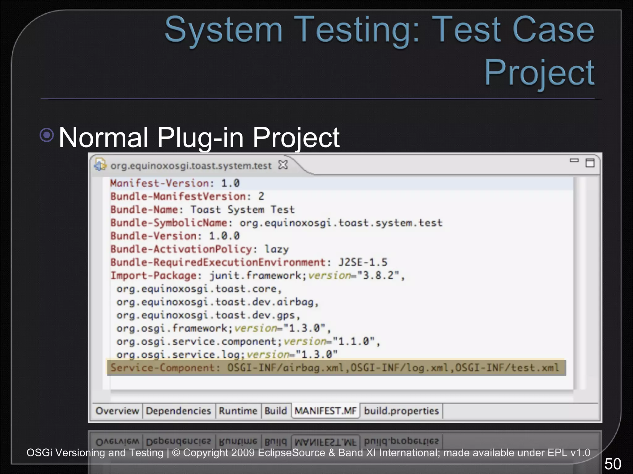 Normal Plug-in Project OSGi Versioning and Testing | © Copyright 2009 EclipseSource & Band XI International; made available under EPL v1.0 