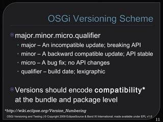 major.minor.micro.qualifier major – An incompatible update; breaking API minor – A backward compatible update; API stable micro – A bug fix; no API changes qualifier – build date; lexigraphic Versions should encode  compatibility*  at the bundle and package level OSGi Versioning and Testing | © Copyright 2009 EclipseSource & Band XI International; made available under EPL v1.0 *http://wiki.eclipse.org/Version_Numbering 