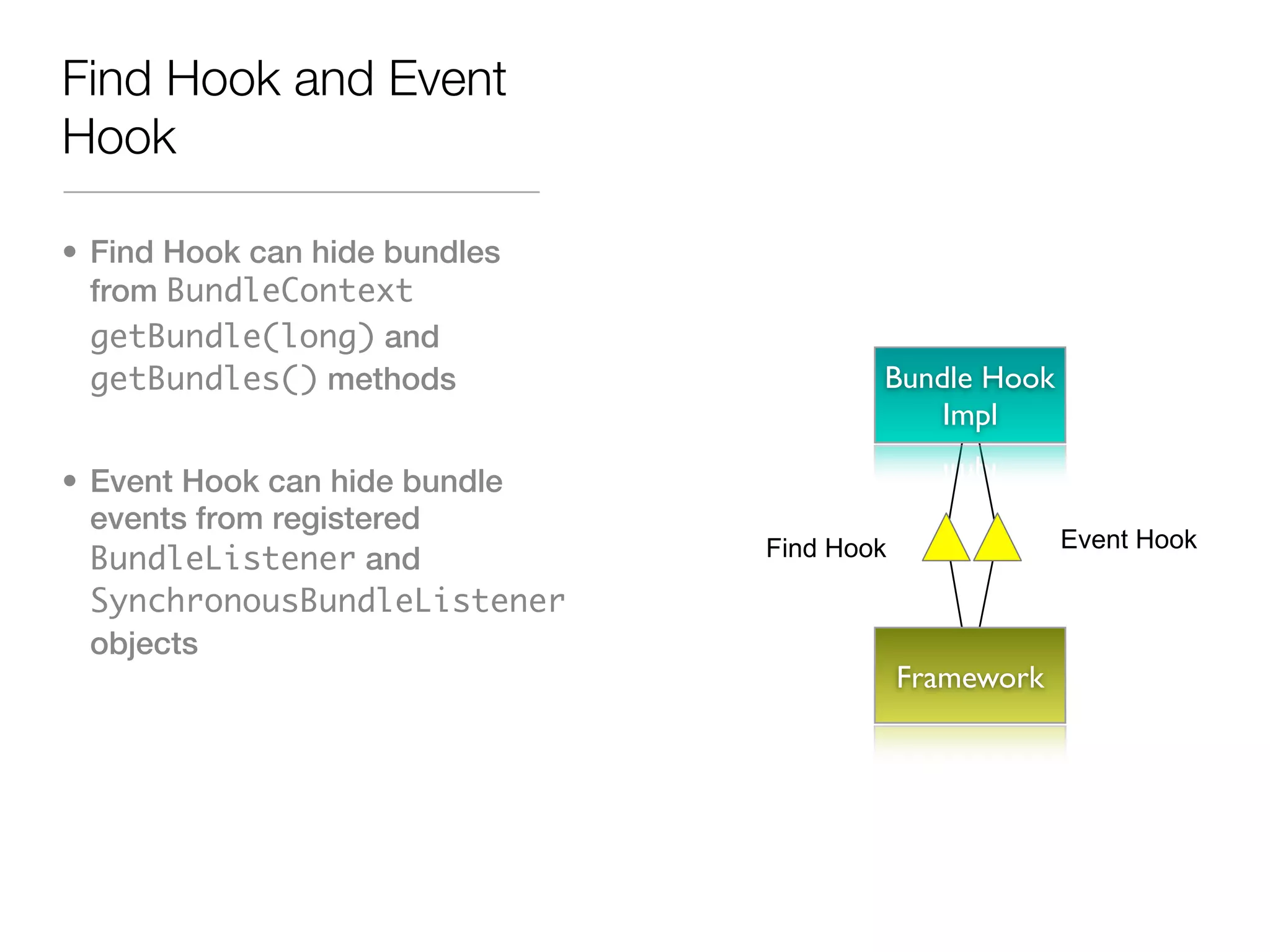Find Hook and Event
Hook

• Find Hook can hide bundles
  from BundleContext
  getBundle(long) and
  getBundles() methods                 Bundle Hook
                                           Impl

• Event Hook can hide bundle
  events from registered
                               Find Hook               Event Hook
  BundleListener and
  SynchronousBundleListener
  objects
                                           Framework
 