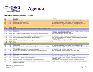 DAY ONE -- Tuesday, October 12, 2004
Start End Description Presenter
8:00 Exhibition
8:30 9:10 OSGi Alliance - Status Address Dr. John Barr, President, OSGi Alliance and Conference Chair
9:10 9:15 Introduction of Ms. Chandra Dr. John Barr, President, OSGi Alliance and Conference Chair
9:15 9:55 Visionary Keynote Presentation Mala Chandra, Vice President and Director, Client Architecture and
Applications, Personal Communications Sector, Motorola Inc.
9:55 10:25 Break
10:25 12:00 Converging on OSGi Technology: Emerging End-to-End Architecture and
Solutions
10:25 10:30 Introduction Moderator: Dan Bandera, Program Director, Emerging Device Standards
& Strategy, IBM Pervasive Computing
10:30 10:50 GST - An End-to-end Architecture for Automotive Telematics Services Peter Van der Perre, IP Manager, ERTICO
10:50 11:10 Requirements For a Successful End-to-End Business Solution Kai Hackbarth, Product Manager, ProSyst Software
11:10 11:30 End-to-End Architectures for Mobile Device Services Dave Marples, Chief Scientist, Network Systems Research Laboratory,
Telcordia Technologies
11:30 11:50 OSGi Technology, Eclipse and Convergence Jeff McAffer, Equinox Project Lead, IBM
11:50 12:00 Q & A All
12:00 1:30 Lunch
1:30 2:45 Going Mobile with OSGi Technology
1:30 1:35 Introductions Dr. John Barr, President, OSGi Alliance and Conference Chair
1:35 1:55 Managing Complexity in Mobile Application Deployment Using the OSGi
Service Platform
Rafiul Ahad, VP Product Development, Wireless and Voice Division, Oracle
1:55 2:15 The Future of Mobile Java and Mobility Middleware Jon Bostrom, Chief Architect Java, Nokia
2:15 2:35 Enabling the Enterprise with Next-Generation Mobile Architectures Mark VandenBrink, Device Architect, Linux/Java, IBM
2:35 2:45 Q & A All
2:45 4:20 Driving with OSGi Technology
2:45 2:50 Introduction Moderator: Scott McCormick, Director, AMI-C
2:50 3:10 Principles of a vehicle infotainment platform Hans-Ulrich Michel, Project Manager, Information, Communication &
Telematics, BMW
3:10 3:30 Vehicle Consumer Services Interface - In-Vehicle Middleware Vladimir Rasin, Lead Vehicle E/E Architect, Ford Motor Company
3:30 3:50 OSGi Technology Based In-vehicle Computing Platforms: The Embedded
Systems Perspective
Paul Wheaton, Director of In-Vehicle Computing, Computer Associates
OSGi Alliance 2004 World Congress
Barcelona SPAIN Page 1 of 6
 