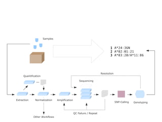 Samples


                                                                             1 A*24:36N
                                                                             2 A*02:01:21
                                                                             3 A*03:20/A*11:86




                                                                      Resolution
     Quantification
                                                    Sequencing




Extraction    Normalization     Amplification
                                                                                   SNP-Calling   Genotyping



                                                QC Failure / Repeat
             Other Workflows
 