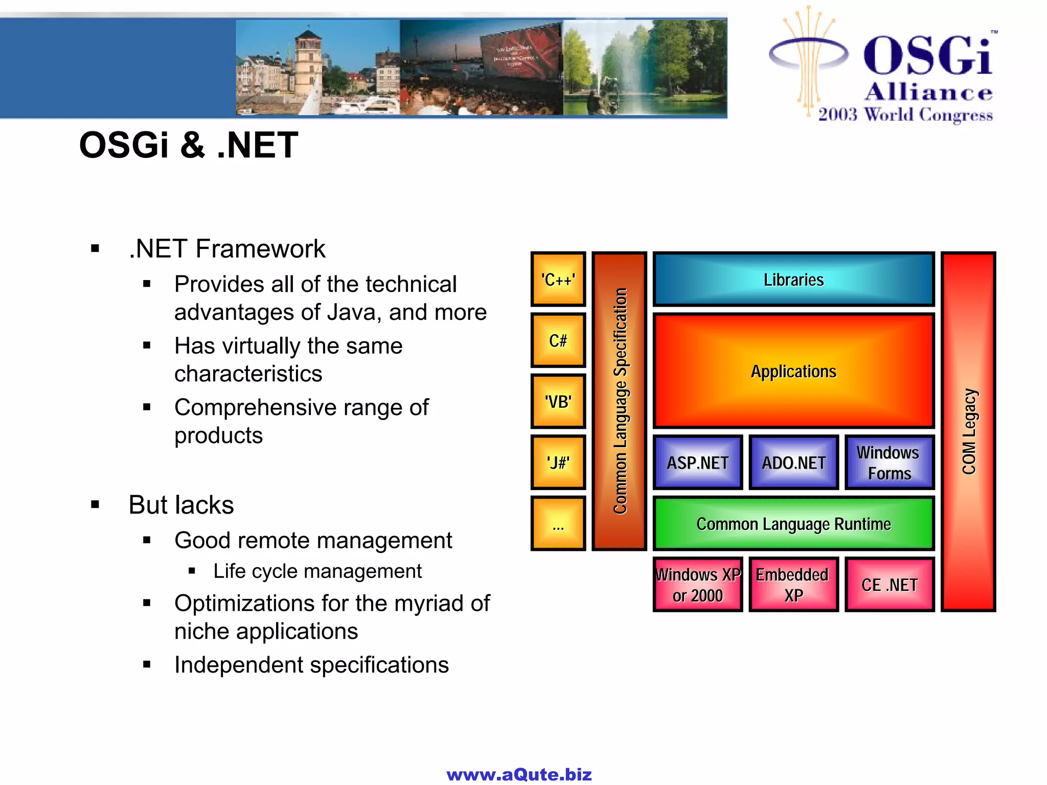 www.aQute.biz
C#C#
'VB''VB'
'J#''J#'
'C++''C++'
......
OSGi & .NET
! .NET Framework
! Provides all of the technical
advantages of Java, and more
! Has virtually the same
characteristics
! Comprehensive range of
products
! But lacks
! Good remote management
! Life cycle management
! Optimizations for the myriad of
niche applications
! Independent specifications
Windows XPWindows XP
or 2000or 2000
EmbeddedEmbedded
XPXP
CE .NETCE .NET
CommonLanguageSpecificationCommonLanguageSpecification
Common Language RuntimeCommon Language Runtime
ADO.NETADO.NETASP.NETASP.NET
WindowsWindows
FormsForms
ApplicationsApplications
LibrariesLibraries
COMLegacyCOMLegacy
 
