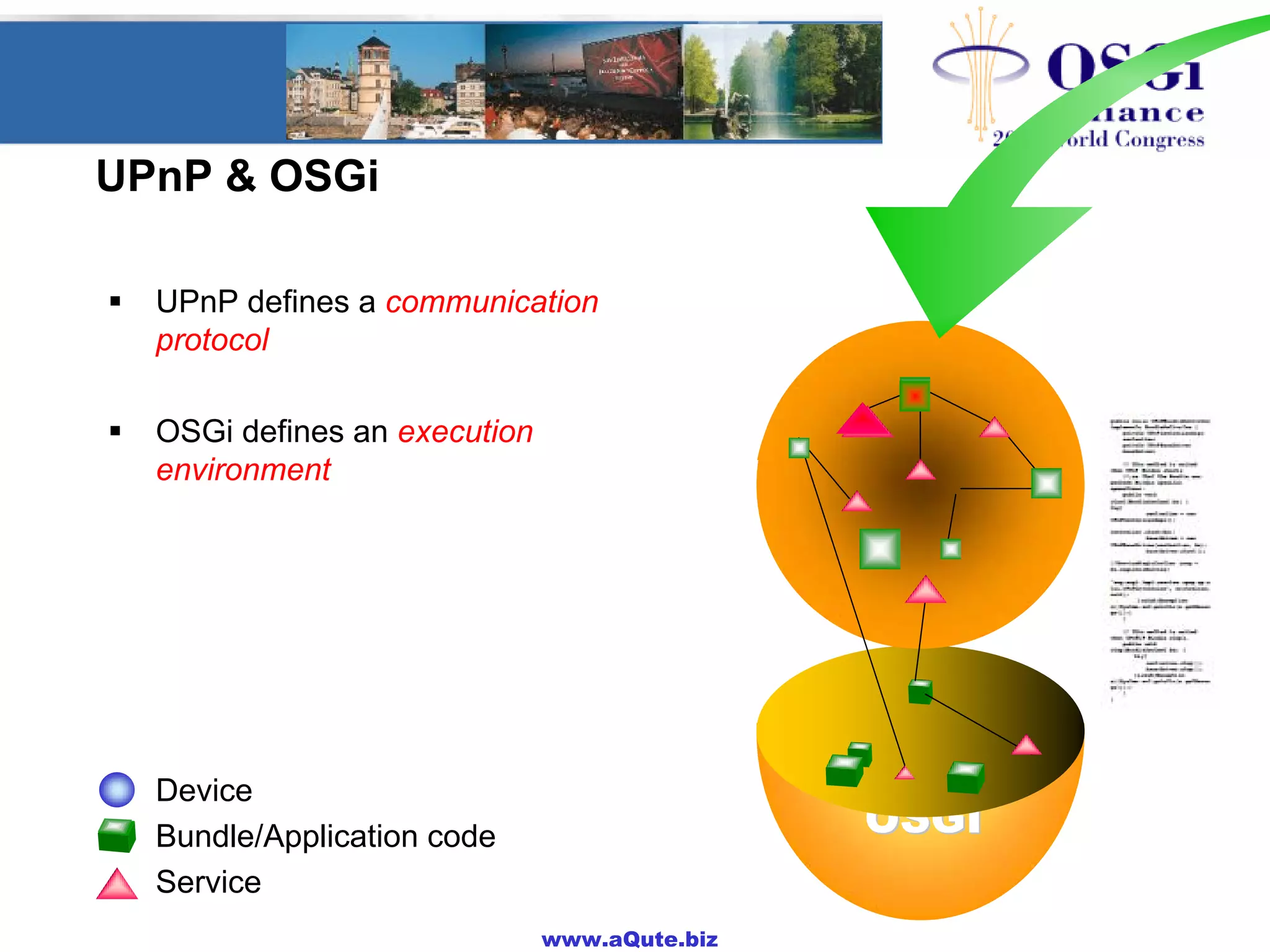 www.aQute.biz
UPnP & OSGi
! UPnP defines a communication
protocol
! OSGi defines an execution
environment
! Device
! Bundle/Application code
! Service
OSGIOSGI
OSGIOSGI
 