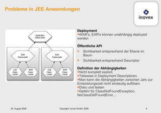 Probleme in JEE Anwendungen Deployment WAR's, EAR's können unabhängig deployed werden Öffentliche API Sichtbarkeit entsprechend der Ebene im Baum Sichtbarkeit entsprechend Descriptor Definition der Abhängigkeiten   Nicht komplett explizit. Teilweise in Deployment Descriptoren. Man kann die Abhängigkeiten zwischen Jars zur Entwicklungszeit nicht eindeutig auflösen. Doku und testen Gefahr für ClassNotFoundException, NoClassDefFoundError,... 25. August 2009 Copyright: inovex GmbH, 2009 