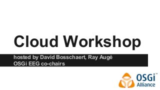 Cloud Workshop 
hosted by David Bosschaert, Ray Augé 
OSGi EEG co-chairs 
 