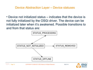 Device Abstraction Layer – Device statuses
• Device not initialized status – indicates that the device is
not fully initialized by the OSGi driver. The device can be
initialized later when it’s awakened. Possible transitions to
and from that status are:

Page 10

COPYRIGHT © 2009-2013 OSGi Alliance. All Rights Reserved

30.01.14

 