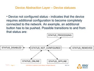 Device Abstraction Layer – Device statuses
• Device not configured status - indicates that the device
requires additional configuration to become completely
connected to the network. An example, an additional
button has to be pushed. Possible transitions to and from
that status are:

Page 11

COPYRIGHT © 2009-2013 OSGi Alliance. All Rights Reserved

30.01.14

 