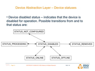 Device Abstraction Layer – Device statuses
• Device disabled status – indicates that the device is
disabled for operation. Possible transitions from and to
that status are:

Page 12

COPYRIGHT © 2009-2013 OSGi Alliance. All Rights Reserved

30.01.14

 
