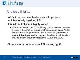 And we still fail...
     • At Eclipse, we have had issues with projects
       unintentionally breaking API...
     • Outside of Eclipse, it highly varies...
        “Commons collections 3.0 is binary compatible with version
         2.1 and 2.0 except for certain methods on one class. As the
         release was a major version, this is permitted, however it
         was unintentional and an error... the chosen solution is to
         provide a work around by releasing v2.1.1 and v3.1.”


     • Surely you’ve come across API issues, right?



11
10        Eclipse, OSGi and API Tooling | Chris Aniszczyk | © 2010 EclipseSource
 