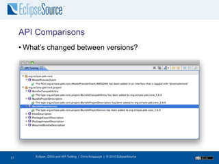 API Comparisons
     • What’s changed between versions?




22
21       Eclipse, OSGi and API Tooling | Chris Aniszczyk | © 2010 EclipseSource
 