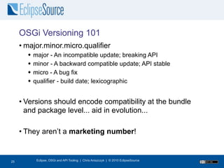 OSGi Versioning 101
     • major.minor.micro.qualifier
          major - An incompatible update; breaking API
          minor - A backward compatible update; API stable
          micro - A bug fix
          qualifier - build date; lexicographic


     • Versions should encode compatibility at the bundle
       and package level... aid in evolution...

     • They aren’t a marketing number!


26
25          Eclipse, OSGi and API Tooling | Chris Aniszczyk | © 2010 EclipseSource
 